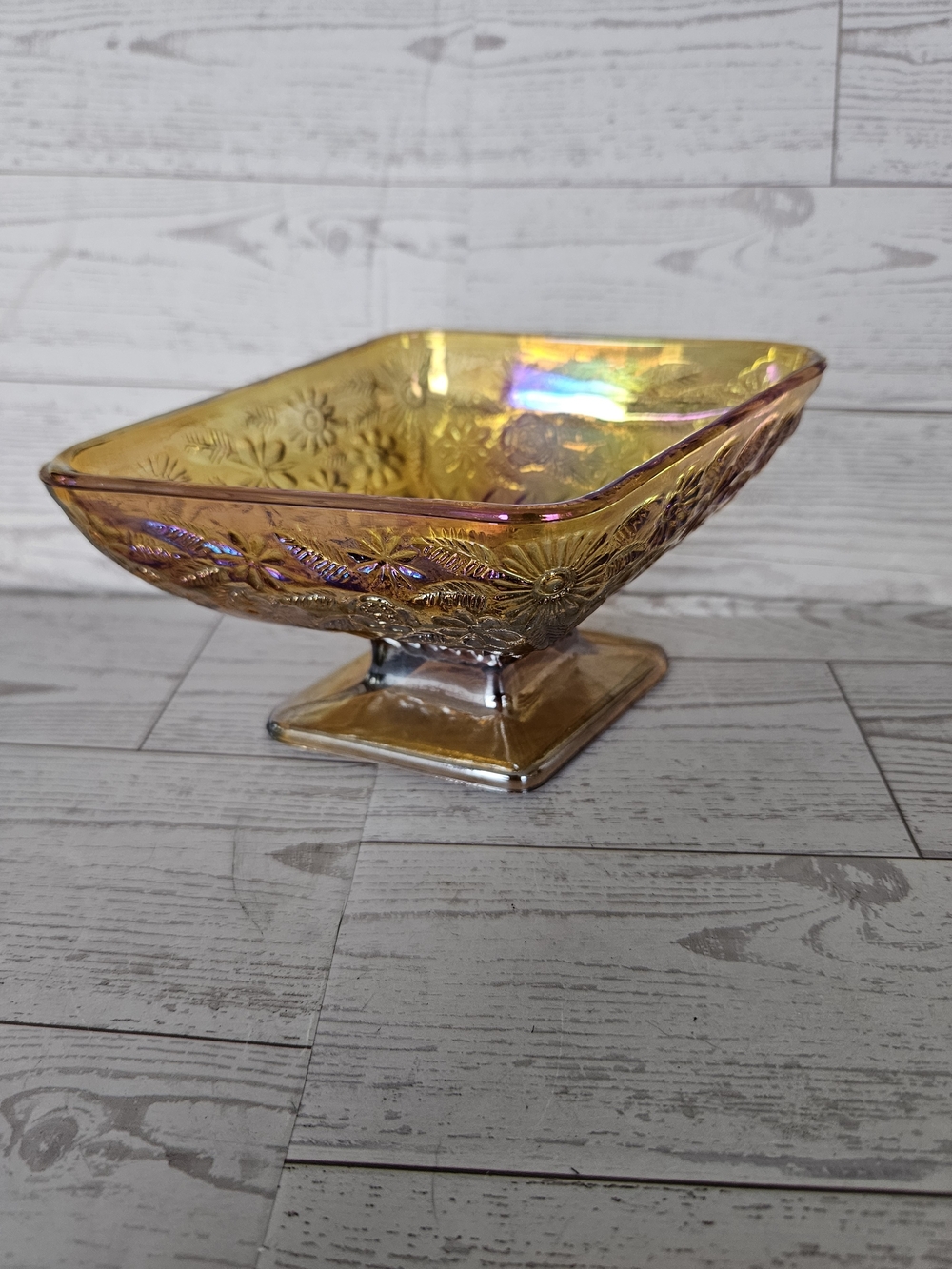Indiana Glass Iridescent Gold Pedestal Dish
